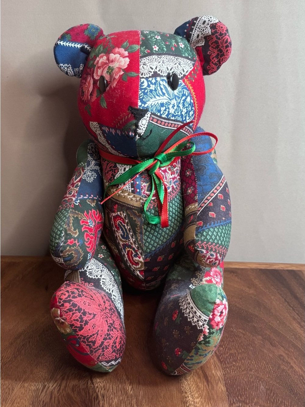 Patchwork Floral Teddy Bear Plush - Red, Green, Blue